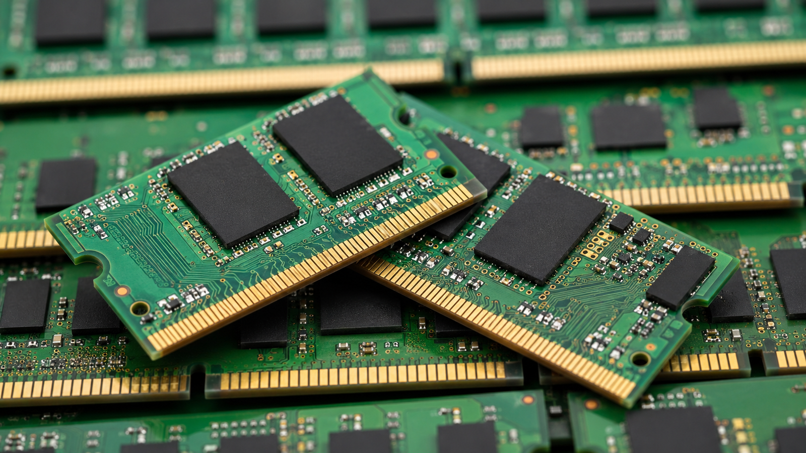 AI Prompt: Photorealistic macro close-up of a pile of computer RAM memory modules scattered and overlapping each other. The image shows several green printed circuit boards with black rectangular memory chips, tiny solder points, copper traces, small white electronic components, orange vias, and gold edge connector pins. Two smaller RAM sticks are placed prominently in the foreground, lying diagonally across the frame, with their gold contacts clearly visible. Behind them are larger RAM modules arranged horizontally and slightly out of focus, creating a layered electronics background. Use a shallow depth of field with the sharpest focus on the central foreground memory modules, while the surrounding RAM sticks are softly blurred. The composition should feel dense, technical, and industrial, with many circuit boards filling the entire frame. The colour palette is dominated by rich green PCBs, matte black memory chips, metallic gold connector pins, and small white solder details. Lighting should be bright, clean, and natural, similar to a professional stock photography product shot, with soft reflections on the chips and gold contacts. Camera angle: low macro perspective, slightly tilted from above, close-up framing. Lens style: 100mm macro lens, shallow depth of field, high detail, crisp textures. Mood: technical, modern, semiconductor and computer hardware focused. Aspect ratio: horizontal landscape, 16:9. Negative prompt: No people, no hands, no brand logos, no readable text, no watermark, no dust, no broken parts, no dramatic lighting, no futuristic glow, no artificial neon colours, no motherboard background, no CPUs, no cables.